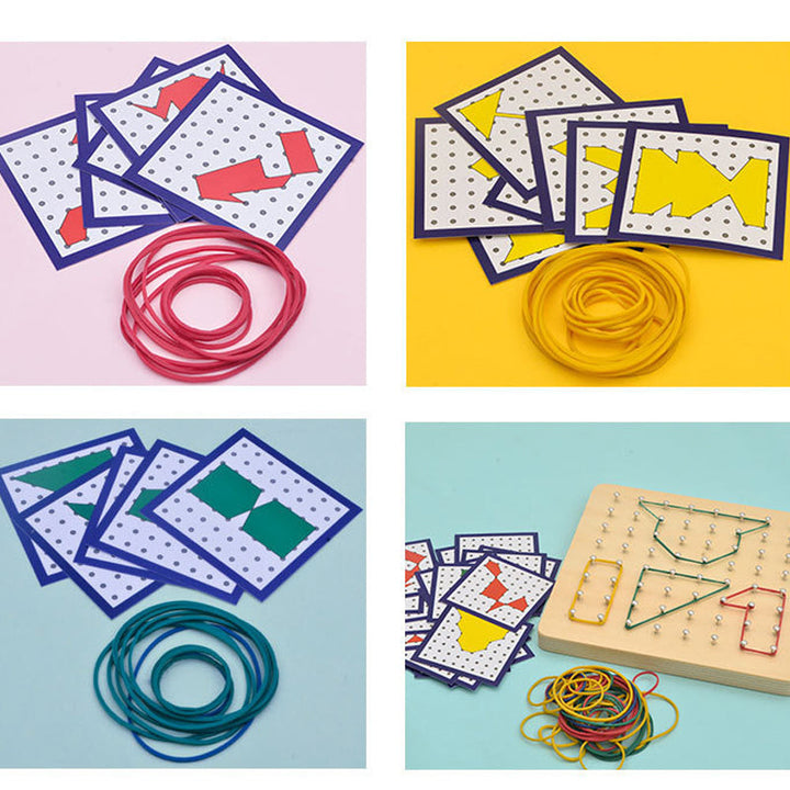"Pedagogisk träleksak geoboard för barn med mönsterkort och färgade gummiband, utvecklar finmotorik och kreativitet."