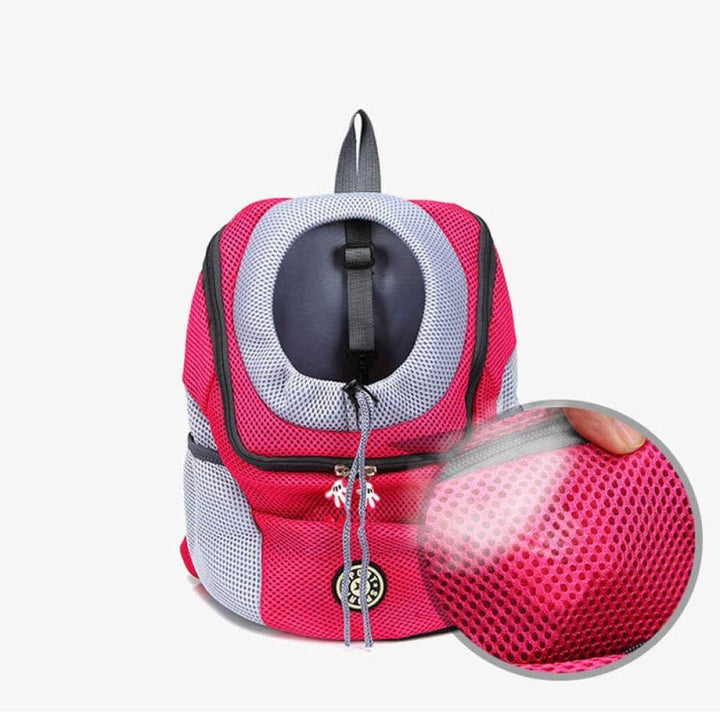 "Pet Carrier Ryggsäck för husdjur, rosa och svart, med andningsbart nät och vadderade remmar för bekväm och säker resa."