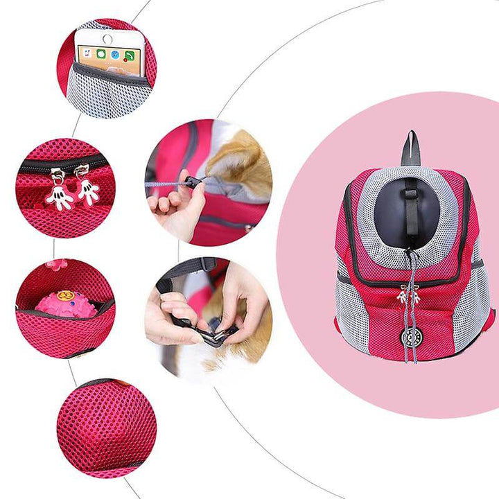"Pet Carrier Ryggsäck för husdjur, rosa och svart, med andningsbart nät och vadderade remmar för bekväm och säker resa."