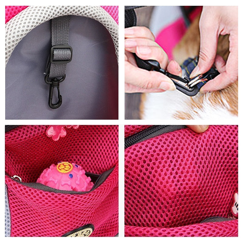"Pet Carrier Ryggsäck för husdjur, rosa och svart, med andningsbart nät och vadderade remmar för bekväm och säker resa."