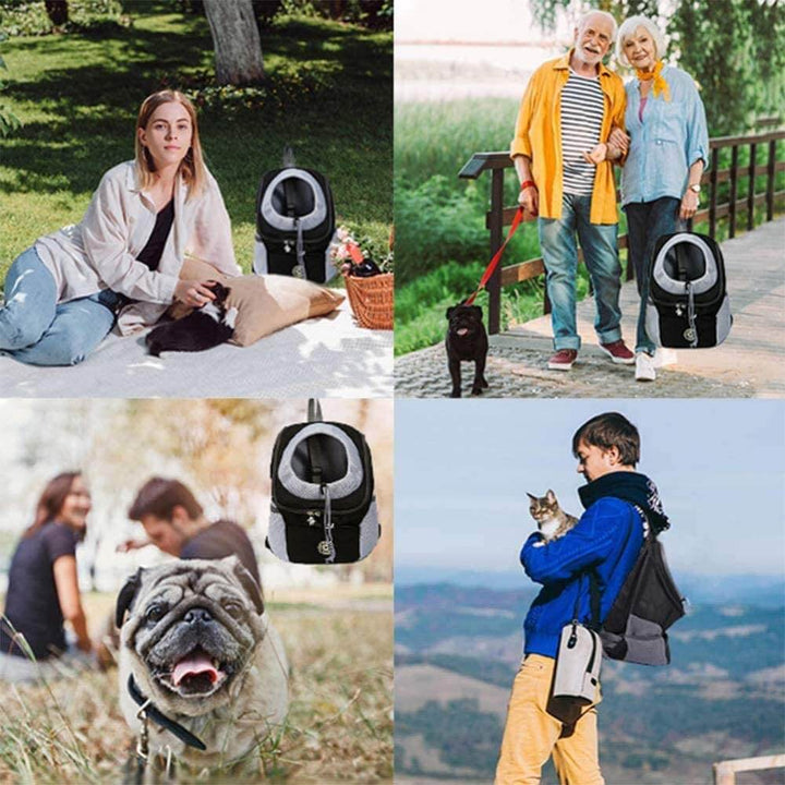 "Pet Carrier Ryggsäck för husdjur, rosa och svart, med andningsbart nät och vadderade remmar för bekväm och säker resa."