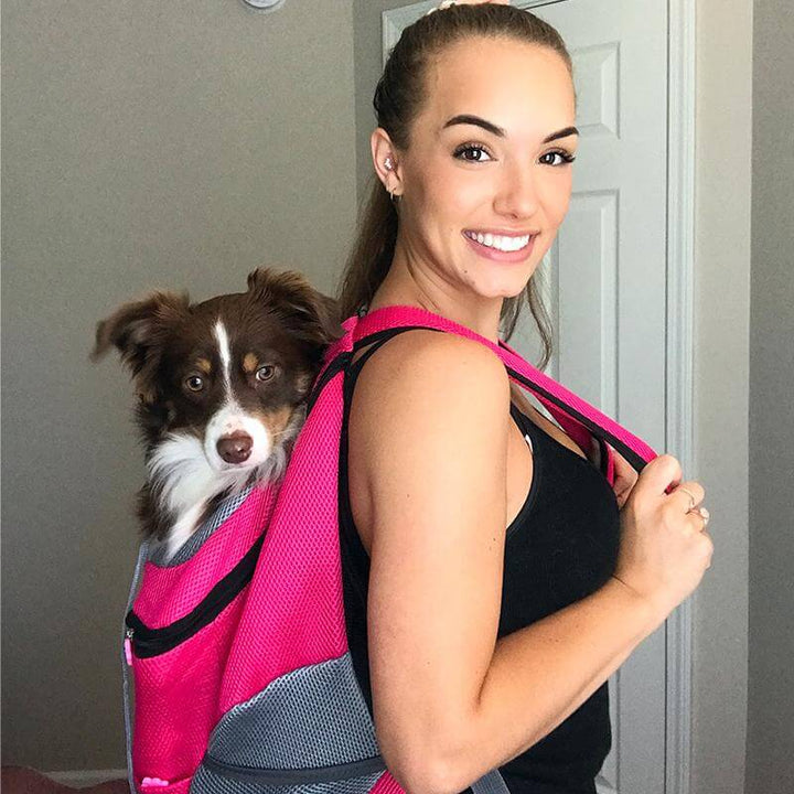 "Pet Carrier Ryggsäck för husdjur, rosa och svart, med andningsbart nät och vadderade remmar för bekväm och säker resa."