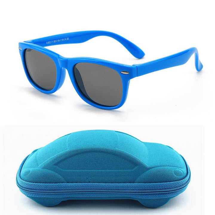 "Polariserade barnsolglasögon UV400, okrossbara ramar, flera färger, säkerhet och komfort, perfekta för lek utomhus."