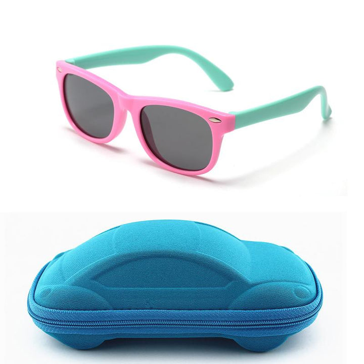 "Polariserade barnsolglasögon UV400, okrossbara ramar, flera färger, säkerhet och komfort, perfekta för lek utomhus."