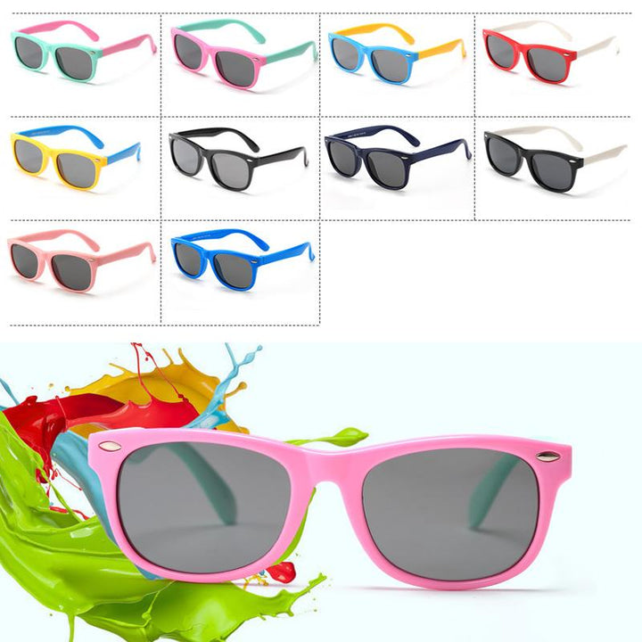 "Polariserade barnsolglasögon UV400, okrossbara ramar, flera färger, säkerhet och komfort, perfekta för lek utomhus."
