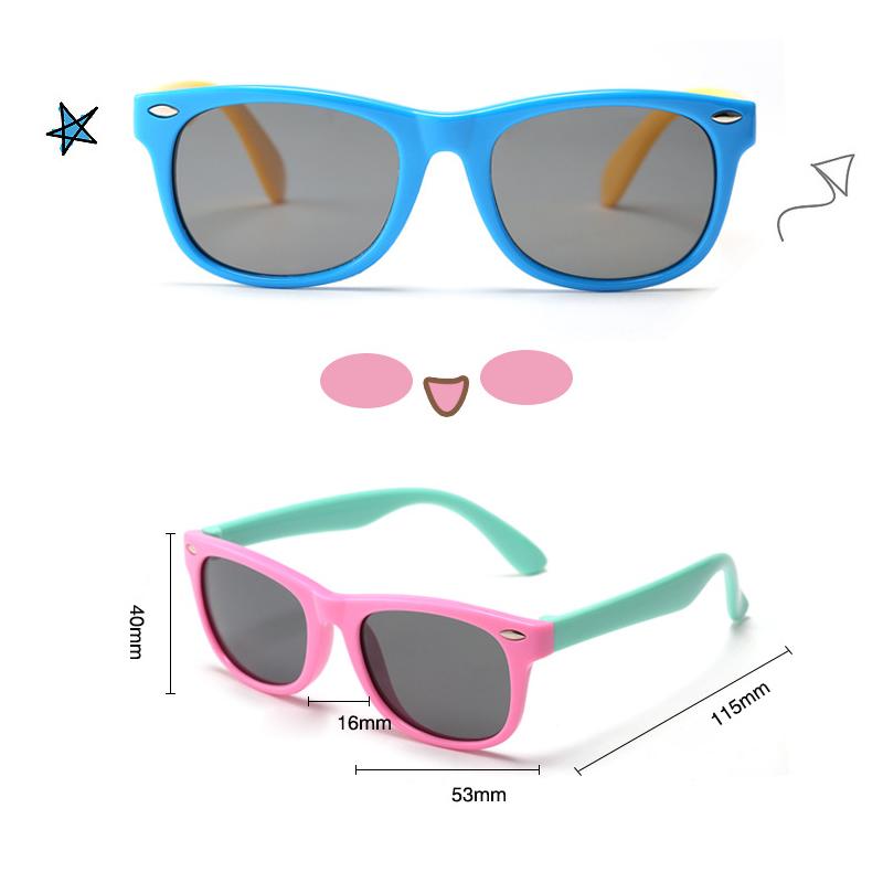 "Polariserade barnsolglasögon UV400, okrossbara ramar, flera färger, säkerhet och komfort, perfekta för lek utomhus."