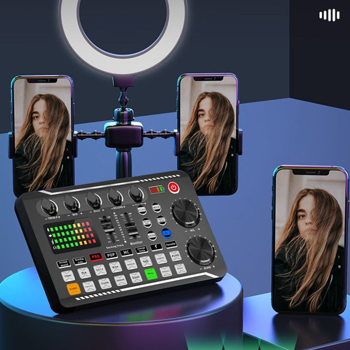 "Portabel ljudkortsset för livestreaming, kompakt design, lätta kontroller, professionell ljudkvalitet för kreatörer."