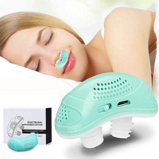 "Portabel mikro CPAP-enhet mot snarkning, kompakt design i återvinningsbar plast med tysta silikonknoppar."