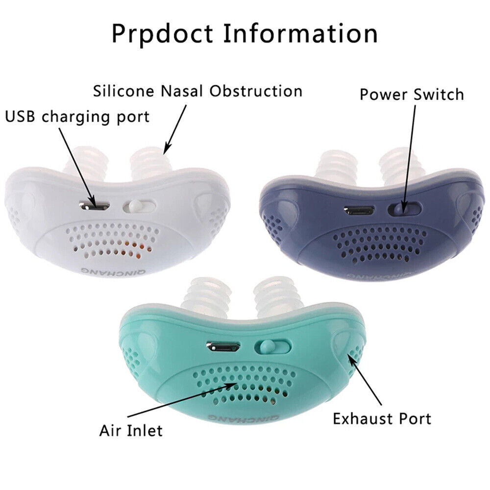 "Portabel mikro CPAP-enhet mot snarkning, kompakt design i återvinningsbar plast med tysta silikonknoppar."
