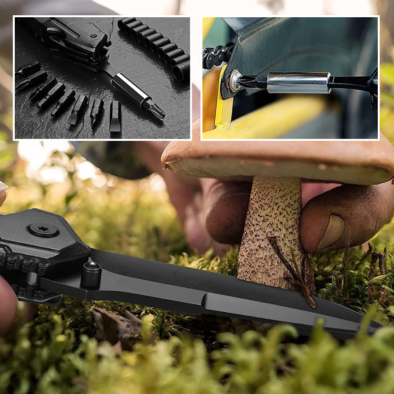 Portabel multifunktionell fällkniv av hållbart stål, kompakt design, ergonomiskt grepp, verktyg för utomhusäventyr.