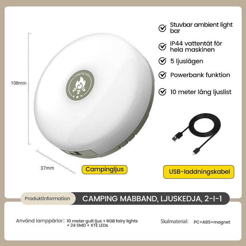 "Portabel och vattentät LED ljusslinga för utomhusbruk, anpassningsbar belysning med magnetiskt fäste, perfekt för camping."