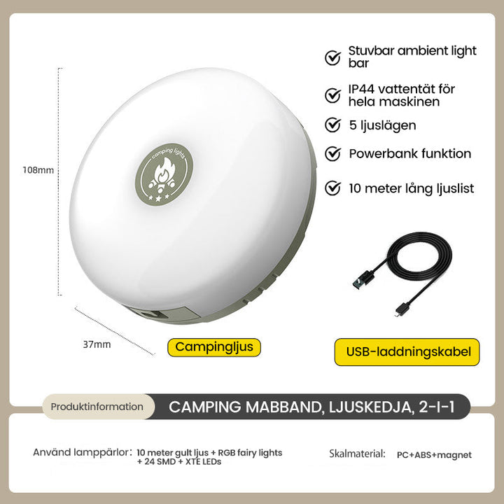 "Portabel och vattentät LED ljusslinga för utomhusbruk, anpassningsbar belysning med magnetiskt fäste, perfekt för camping."