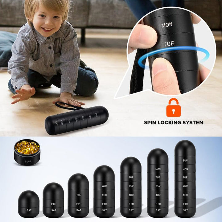 "Portabel pillerask med 7 fack i metallisk finish, vattentät design, perfekt för resor och medicinsk organisering."