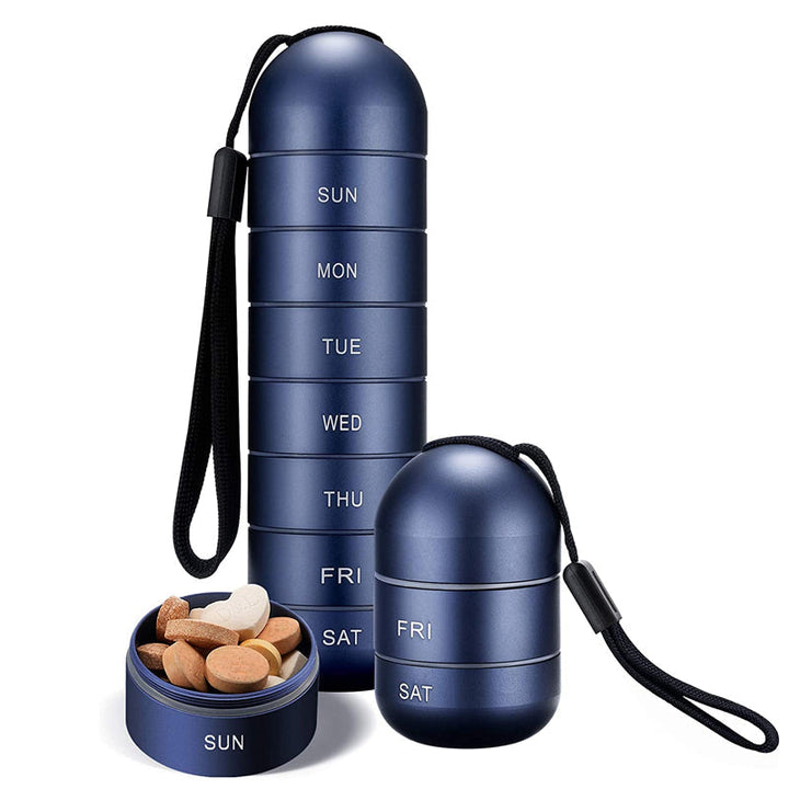 "Portabel pillerask med 7 fack i metallisk finish, vattentät design, perfekt för resor och medicinsk organisering."