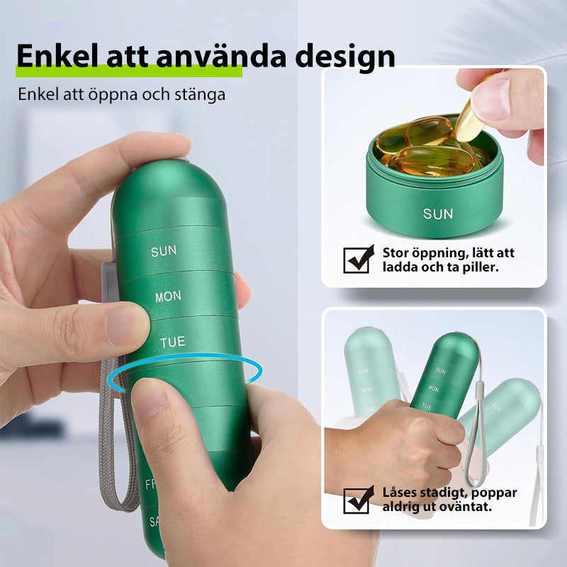 "Portabel pillerask med 7 fack i metallisk finish, vattentät design, perfekt för resor och medicinsk organisering."