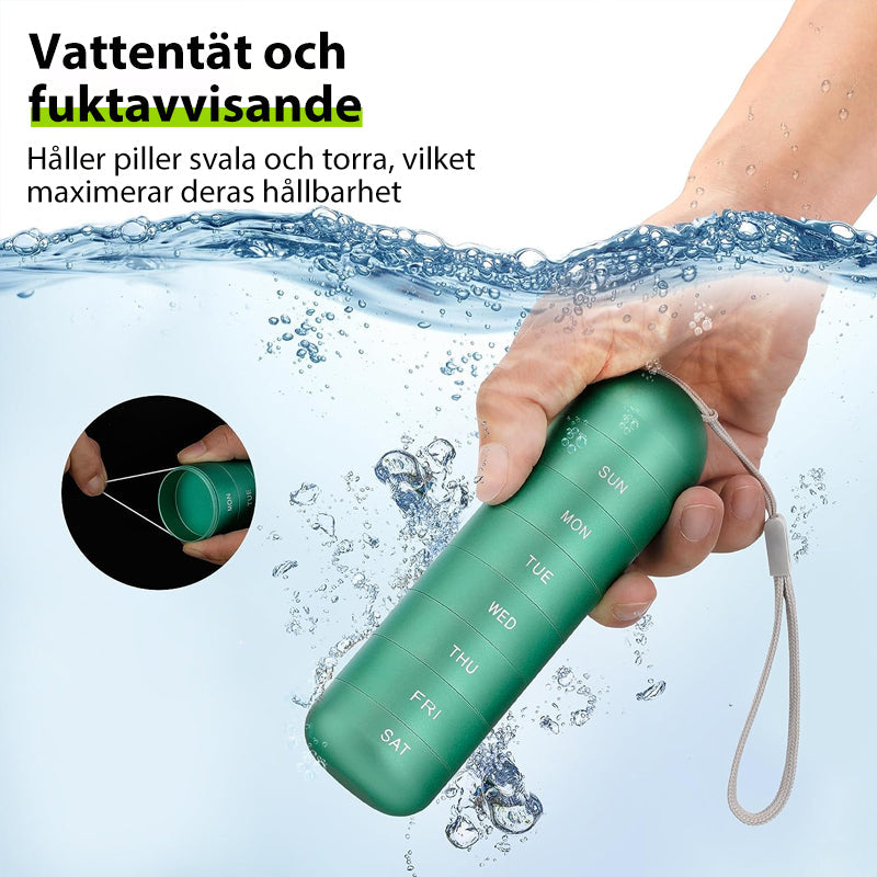 "Portabel pillerask med 7 fack i metallisk finish, vattentät design, perfekt för resor och medicinsk organisering."