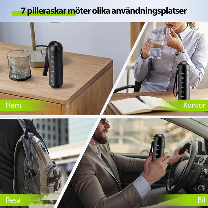 "Portabel pillerask med 7 fack i metallisk finish, vattentät design, perfekt för resor och medicinsk organisering."