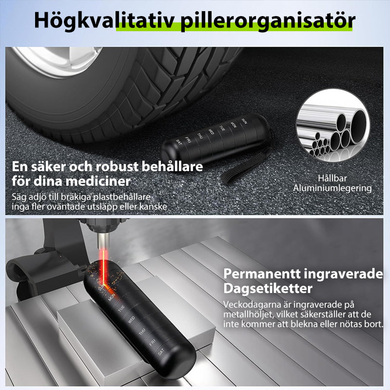 "Portabel pillerask med 7 fack i metallisk finish, vattentät design, perfekt för resor och medicinsk organisering."