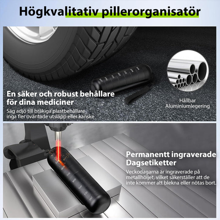 "Portabel pillerask med 7 fack i metallisk finish, vattentät design, perfekt för resor och medicinsk organisering."