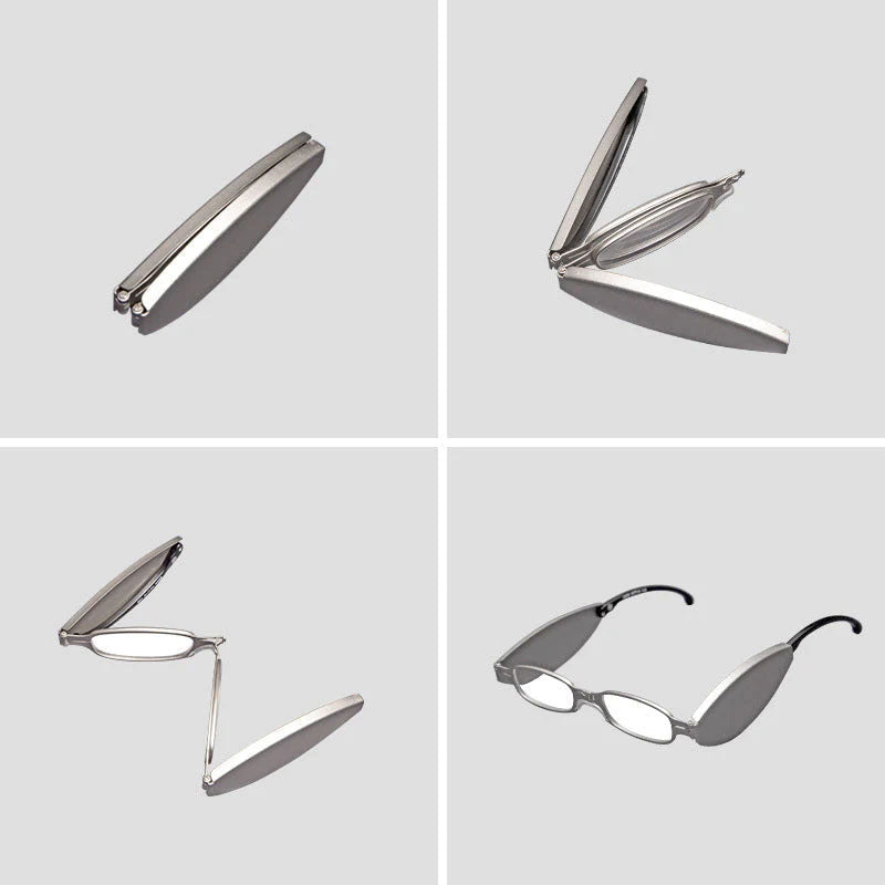 "Portabla mini läsglasögon: vikbara, eleganta i svart och silver, för män och kvinnor, stil och funktionalitet"
