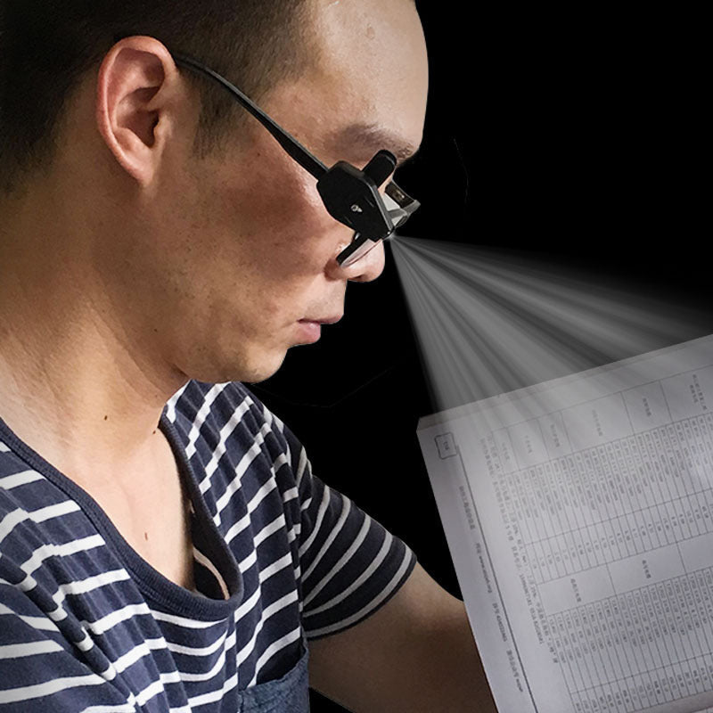 Praktisk clip-on LED-lampa för glasögon, kompakt och roterbar design, perfekt för läsning och belysning i alla miljöer.