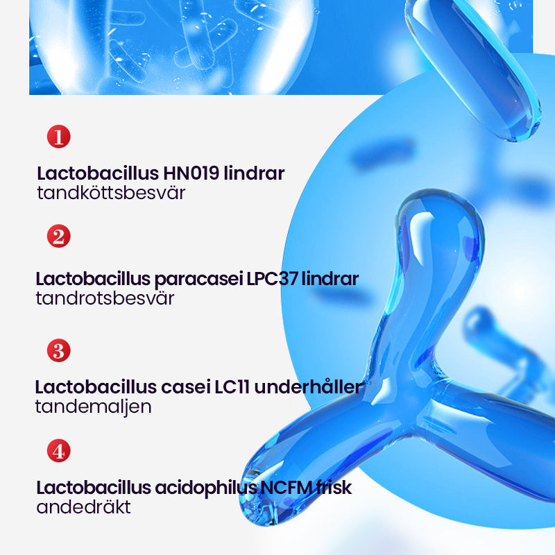 "Probiotisk tandkräm i vit tub, främjar blekning och tandhälsa, effektiv mot plack och ger fräsch andedräkt."