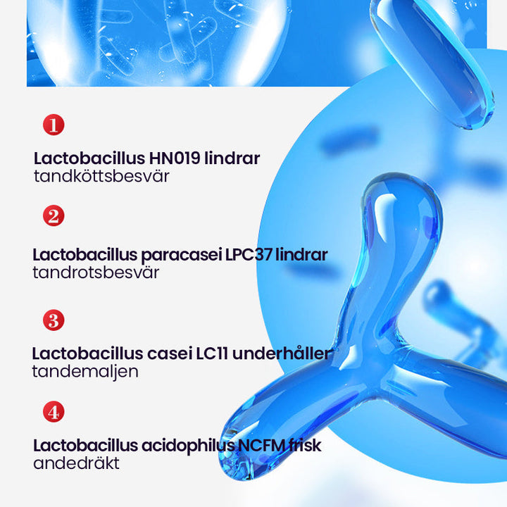 "Probiotisk tandkräm i vit tub, främjar blekning och tandhälsa, effektiv mot plack och ger fräsch andedräkt."