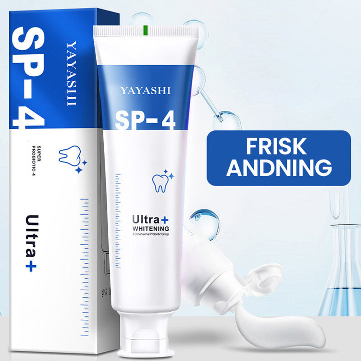 "Probiotisk tandkräm i vit tub, främjar blekning och tandhälsa, effektiv mot plack och ger fräsch andedräkt."