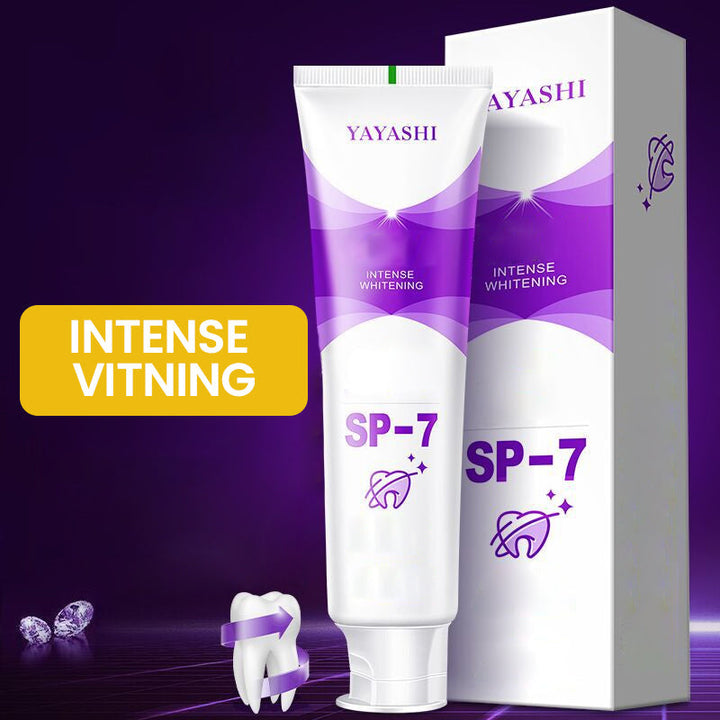 "Probiotisk tandkräm i vit tub, främjar blekning och tandhälsa, effektiv mot plack och ger fräsch andedräkt."