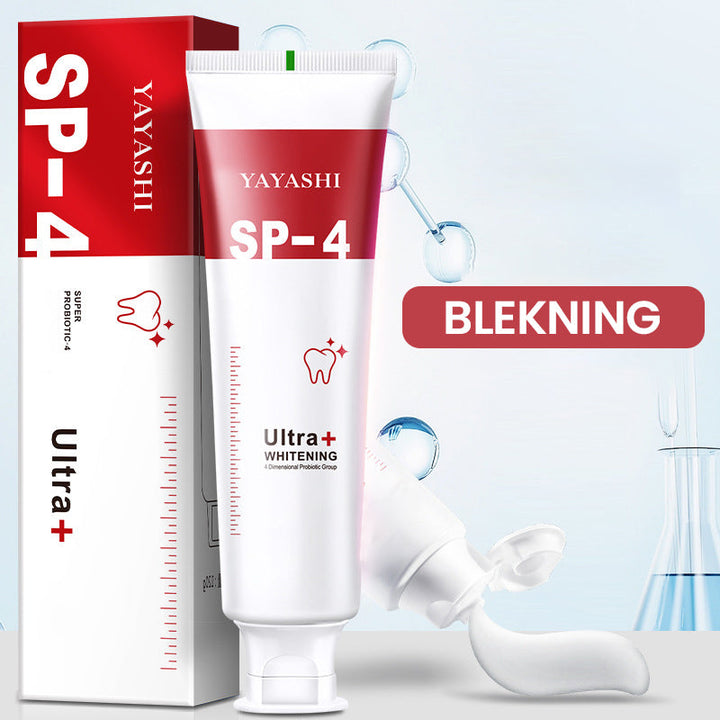 "Probiotisk tandkräm i vit tub, främjar blekning och tandhälsa, effektiv mot plack och ger fräsch andedräkt."