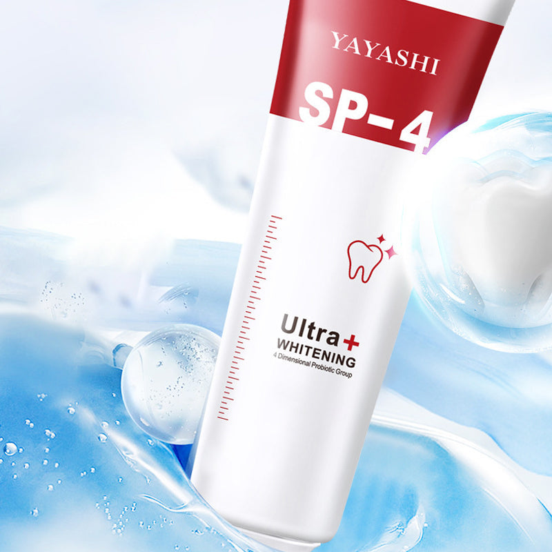 "Probiotisk tandkräm i vit tub, främjar blekning och tandhälsa, effektiv mot plack och ger fräsch andedräkt."