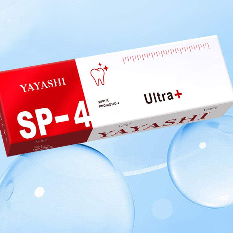 "Probiotisk tandkräm i vit tub, främjar blekning och tandhälsa, effektiv mot plack och ger fräsch andedräkt."