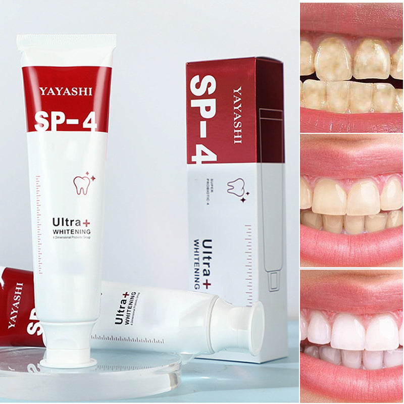 "Probiotisk tandkräm i vit tub, främjar blekning och tandhälsa, effektiv mot plack och ger fräsch andedräkt."