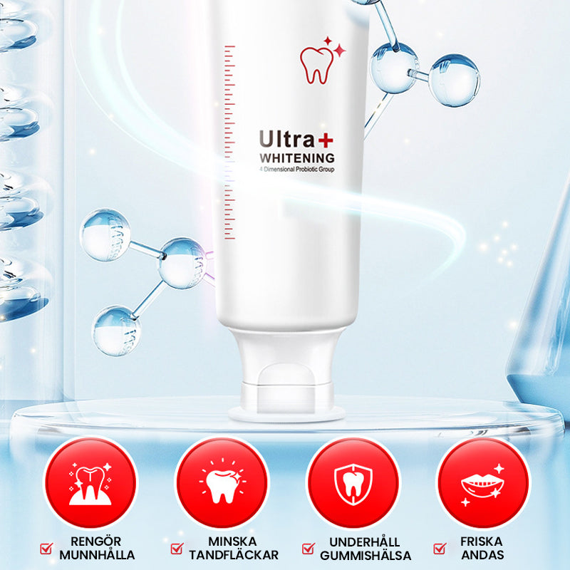 "Probiotisk tandkräm i vit tub, främjar blekning och tandhälsa, effektiv mot plack och ger fräsch andedräkt."