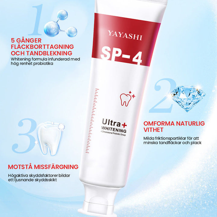 "Probiotisk tandkräm i vit tub, främjar blekning och tandhälsa, effektiv mot plack och ger fräsch andedräkt."