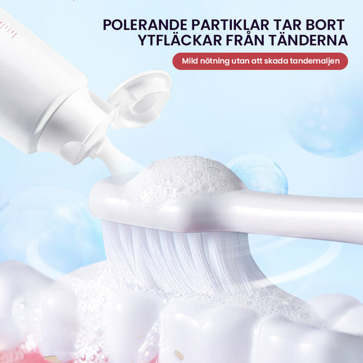 "Probiotisk tandkräm i vit tub, främjar blekning och tandhälsa, effektiv mot plack och ger fräsch andedräkt."