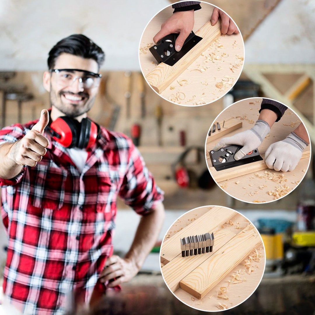 Professionell säker trähyvel set med justerbart skärdjup, flera kolstålskärblad och ergonomisk design för precis träbearbetni