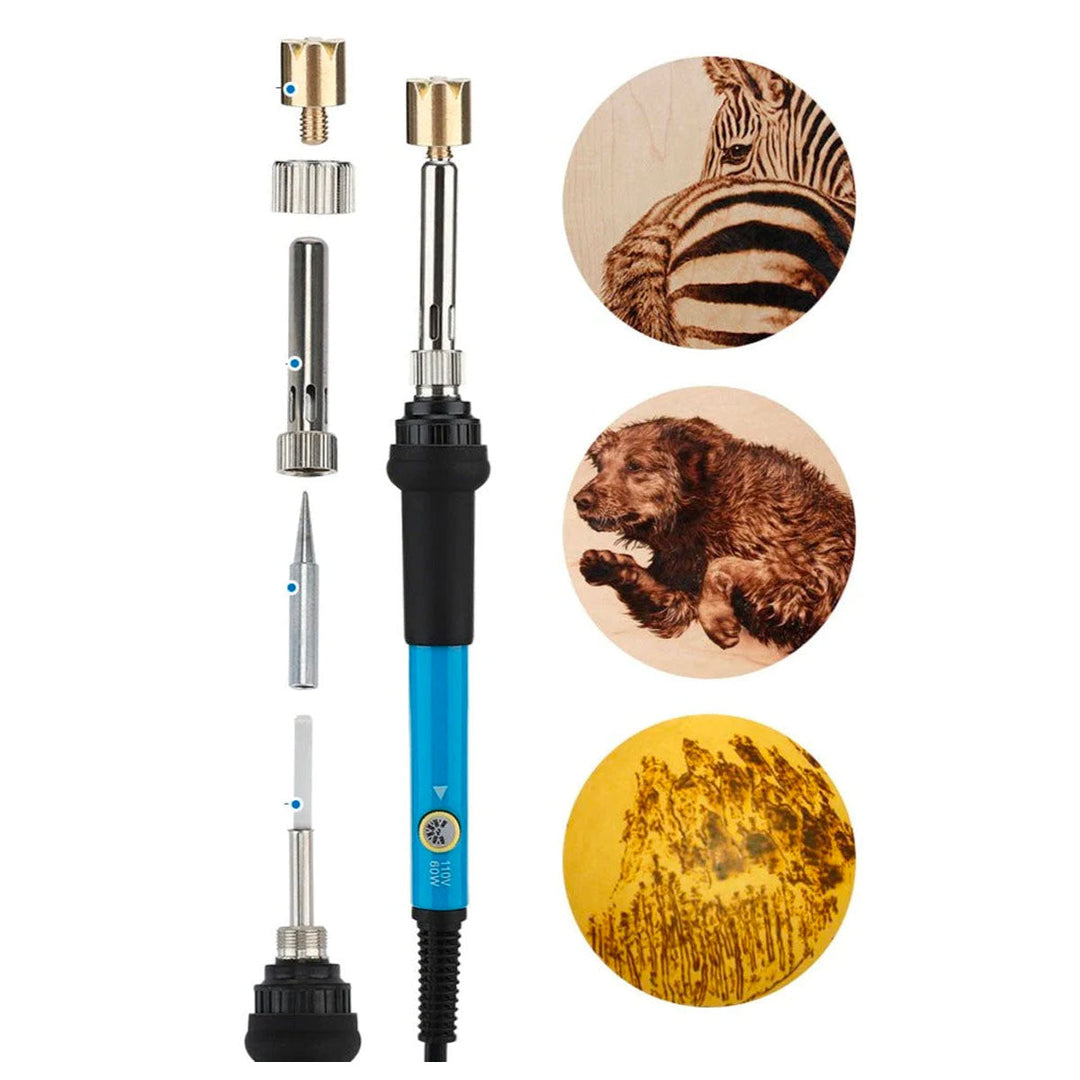 Pyrografisats 60W för träbränning, inkl. verktyg och spetsar för kreativa hobbyskapelser.
