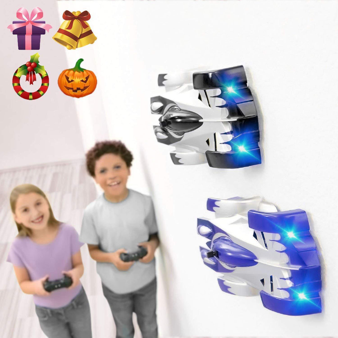 "Radiostyrd anti-gravity bil med LED-ljus, kör på vägg och tak, blå färg, futuristisk design för barnäventyr"