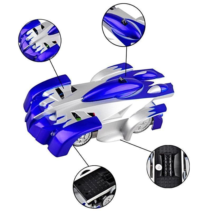 "Radiostyrd anti-gravity bil med LED-ljus, kör på vägg och tak, blå färg, futuristisk design för barnäventyr"
