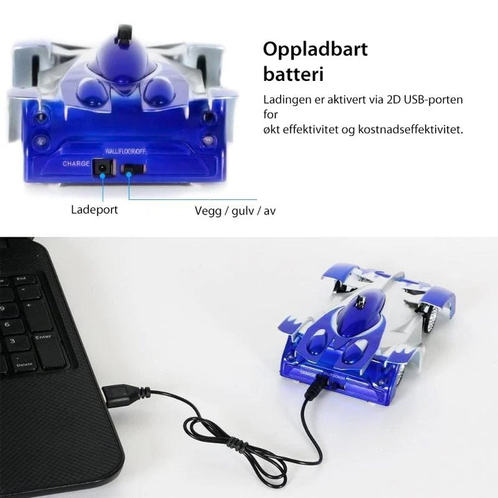 "Radiostyrd anti-gravity bil med LED-ljus, kör på vägg och tak, blå färg, futuristisk design för barnäventyr"