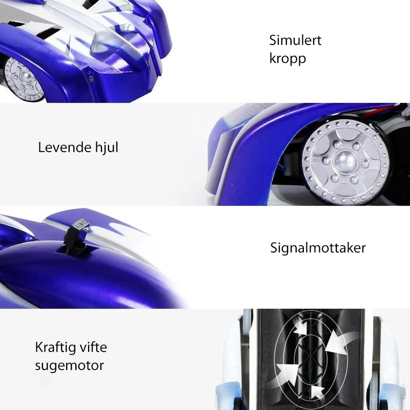 "Radiostyrd anti-gravity bil med LED-ljus, kör på vägg och tak, blå färg, futuristisk design för barnäventyr"