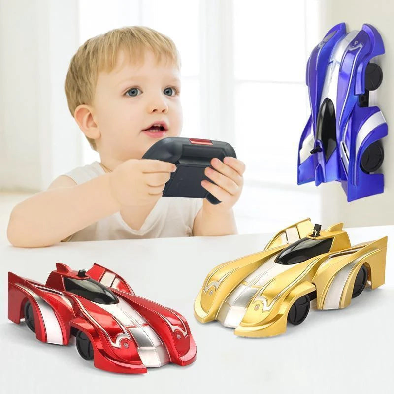 "Radiostyrd väggklättrande bil med LED-ljus på slät yta, perfekt för barn, inkluderar sugteknik och färgglada ljus."
