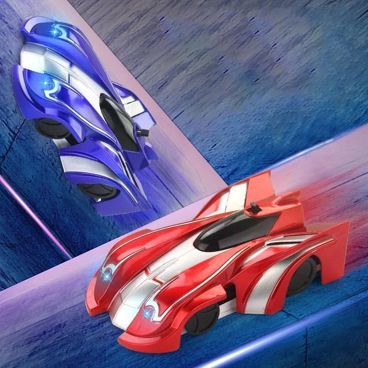 "Radiostyrd väggklättrande bil med LED-ljus på slät yta, perfekt för barn, inkluderar sugteknik och färgglada ljus."