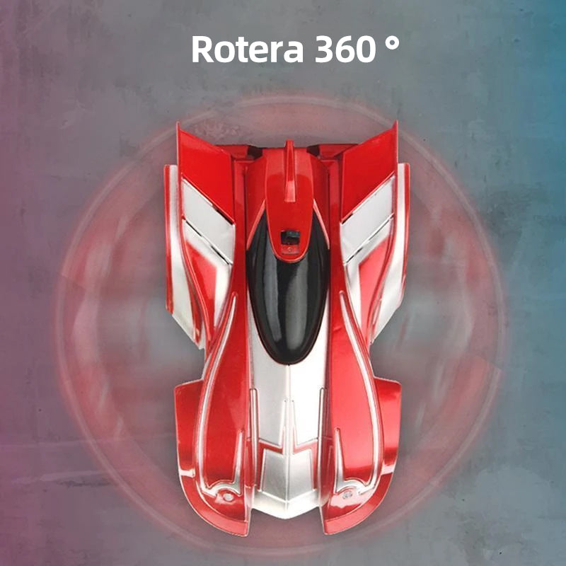 "Radiostyrd väggklättrande bil med LED-ljus på slät yta, perfekt för barn, inkluderar sugteknik och färgglada ljus."