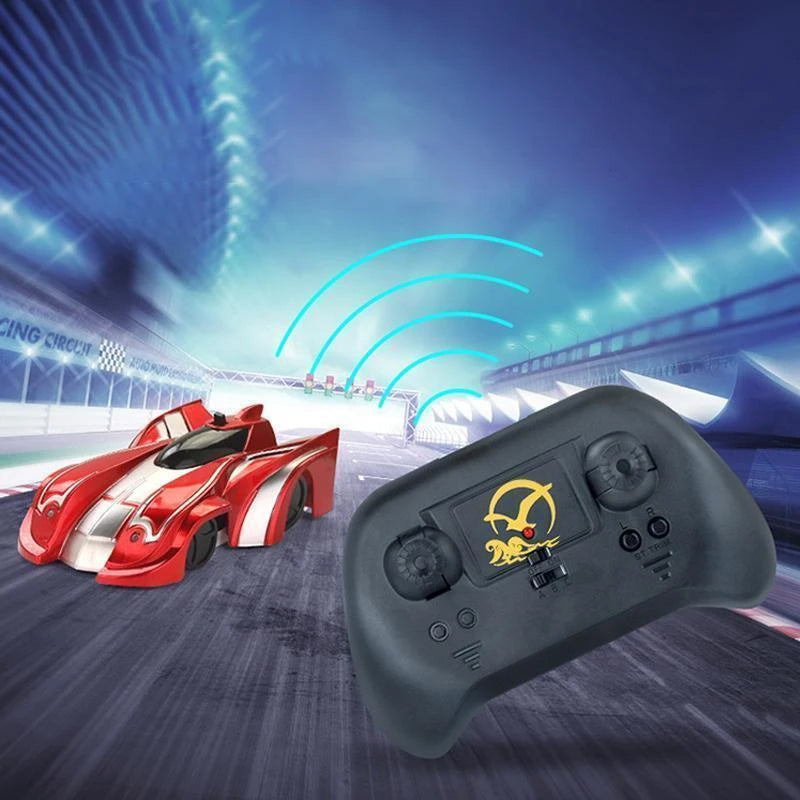 "Radiostyrd väggklättrande bil med LED-ljus på slät yta, perfekt för barn, inkluderar sugteknik och färgglada ljus."