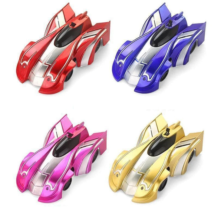 "Radiostyrd väggklättrande bil med LED-ljus på slät yta, perfekt för barn, inkluderar sugteknik och färgglada ljus."