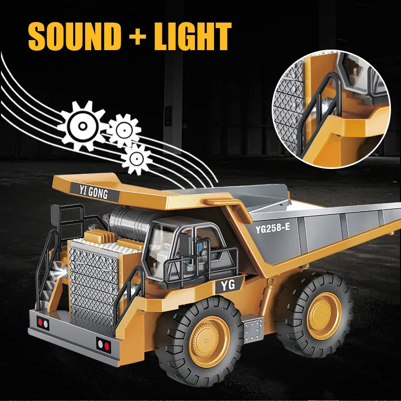 Radiostyrt byggfordon för barn, gul bulldozer, hållbar design, realistiska detaljer, utvecklande lek, kreativ konstruktion.
