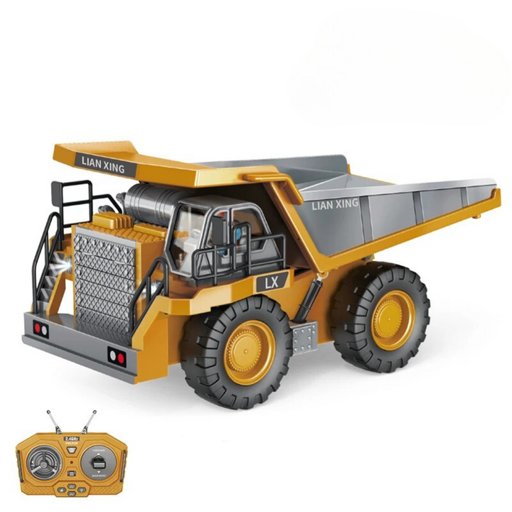 Radiostyrt byggfordon för barn, gul bulldozer, hållbar design, realistiska detaljer, utvecklande lek, kreativ konstruktion.