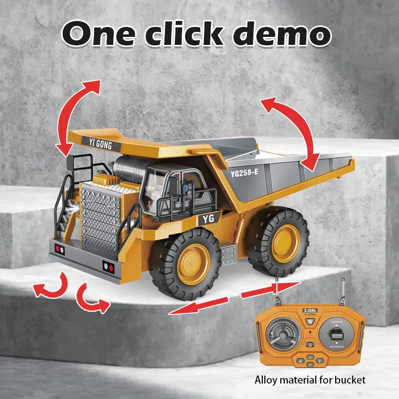 Radiostyrt byggfordon för barn, gul bulldozer, hållbar design, realistiska detaljer, utvecklande lek, kreativ konstruktion.